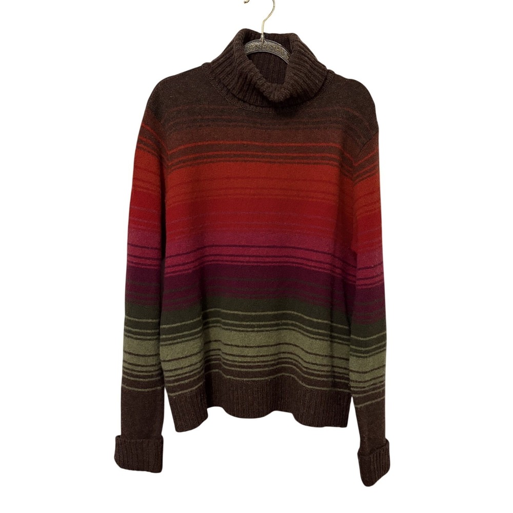 Eddie Bauer 100% Lambswool Chunky Striped Grandpa Sweater XL Granola Multicolor